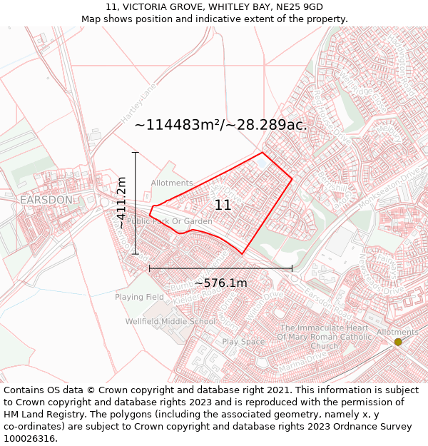 11, VICTORIA GROVE, WHITLEY BAY, NE25 9GD: Plot and title map