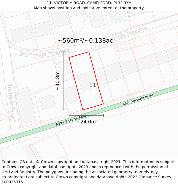 11, VICTORIA ROAD, CAMELFORD, PL32 9XA: Plot and title map