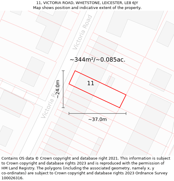 11, VICTORIA ROAD, WHETSTONE, LEICESTER, LE8 6JY: Plot and title map