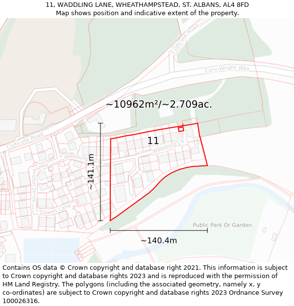 11, WADDLING LANE, WHEATHAMPSTEAD, ST. ALBANS, AL4 8FD: Plot and title map