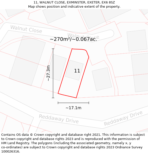 11, WALNUT CLOSE, EXMINSTER, EXETER, EX6 8SZ: Plot and title map