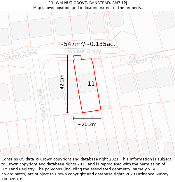 11, WALNUT GROVE, BANSTEAD, SM7 1PJ: Plot and title map