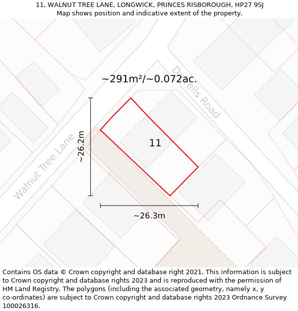 11, WALNUT TREE LANE, LONGWICK, PRINCES RISBOROUGH, HP27 9SJ: Plot and title map