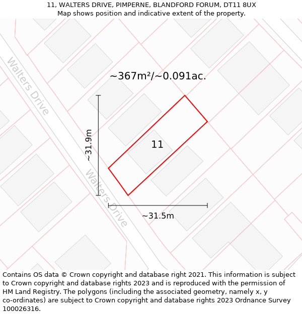 11, WALTERS DRIVE, PIMPERNE, BLANDFORD FORUM, DT11 8UX: Plot and title map