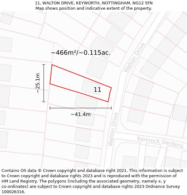 11, WALTON DRIVE, KEYWORTH, NOTTINGHAM, NG12 5FN: Plot and title map