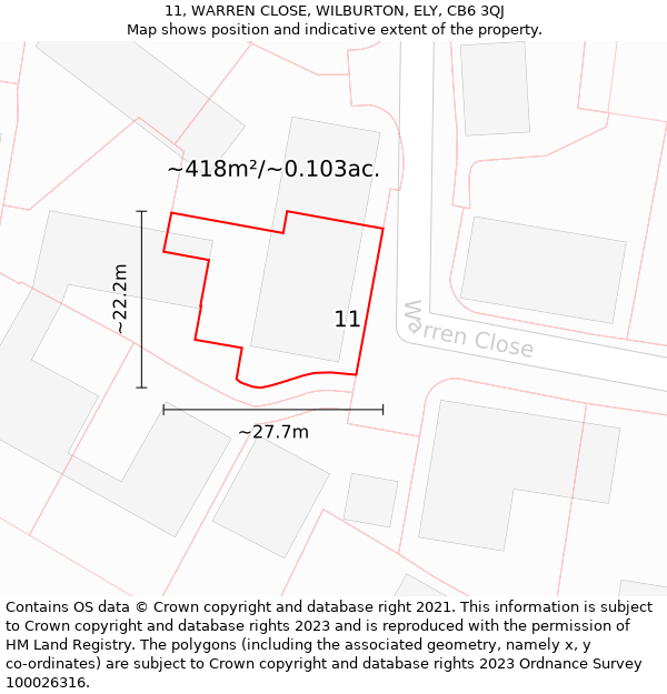 11, WARREN CLOSE, WILBURTON, ELY, CB6 3QJ: Plot and title map