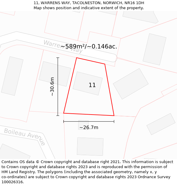 11, WARRENS WAY, TACOLNESTON, NORWICH, NR16 1DH: Plot and title map