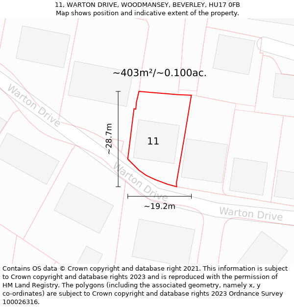 11, WARTON DRIVE, WOODMANSEY, BEVERLEY, HU17 0FB: Plot and title map