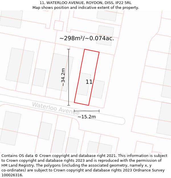 11, WATERLOO AVENUE, ROYDON, DISS, IP22 5RL: Plot and title map