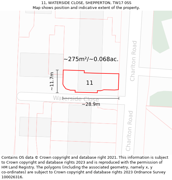 11, WATERSIDE CLOSE, SHEPPERTON, TW17 0SS: Plot and title map