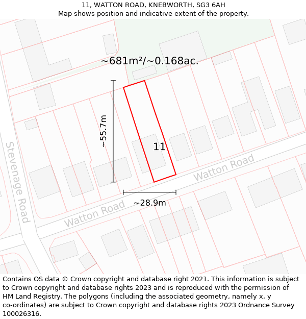 11, WATTON ROAD, KNEBWORTH, SG3 6AH: Plot and title map