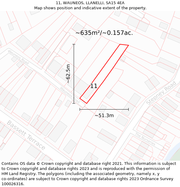 11, WAUNEOS, LLANELLI, SA15 4EA: Plot and title map