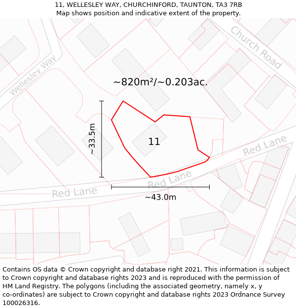 11, WELLESLEY WAY, CHURCHINFORD, TAUNTON, TA3 7RB: Plot and title map