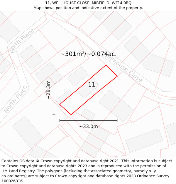 11, WELLHOUSE CLOSE, MIRFIELD, WF14 0BQ: Plot and title map