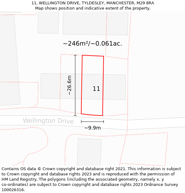 11, WELLINGTON DRIVE, TYLDESLEY, MANCHESTER, M29 8RA: Plot and title map