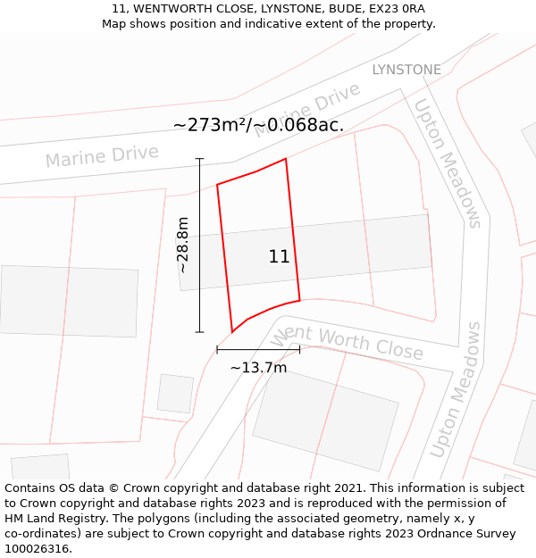 11, WENTWORTH CLOSE, LYNSTONE, BUDE, EX23 0RA: Plot and title map