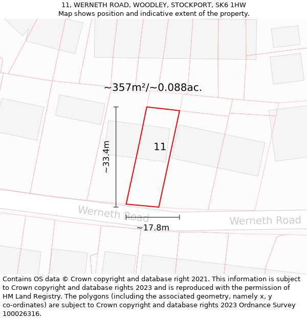 11, WERNETH ROAD, WOODLEY, STOCKPORT, SK6 1HW: Plot and title map