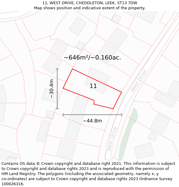 11, WEST DRIVE, CHEDDLETON, LEEK, ST13 7DW: Plot and title map