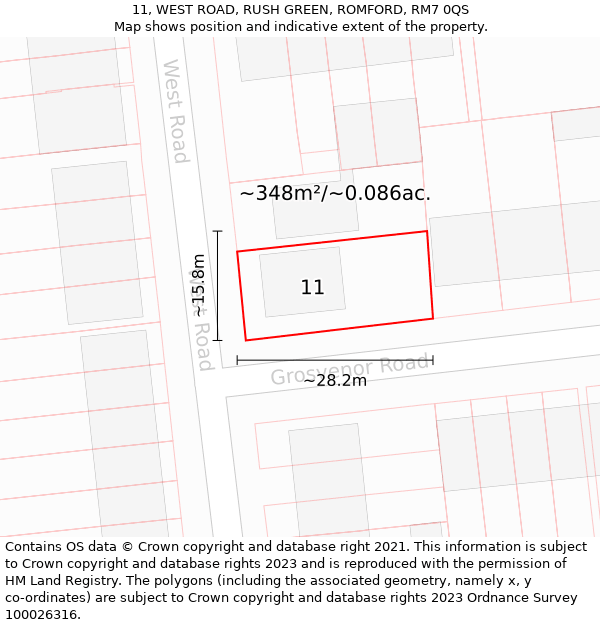 11, WEST ROAD, RUSH GREEN, ROMFORD, RM7 0QS: Plot and title map