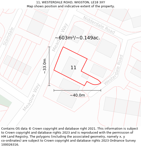 11, WESTERDALE ROAD, WIGSTON, LE18 3XY: Plot and title map
