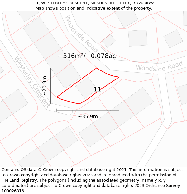 11, WESTERLEY CRESCENT, SILSDEN, KEIGHLEY, BD20 0BW: Plot and title map