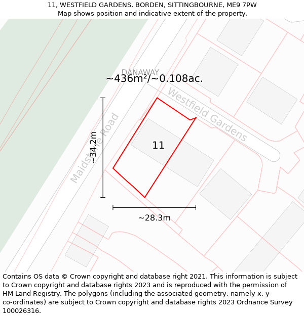 11, WESTFIELD GARDENS, BORDEN, SITTINGBOURNE, ME9 7PW: Plot and title map