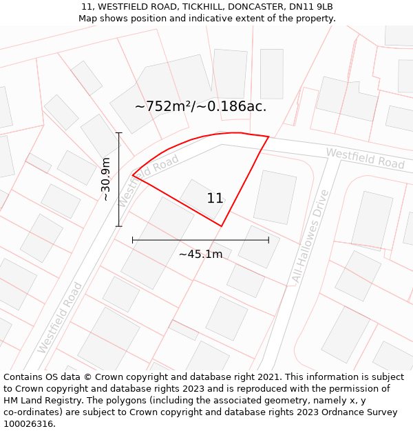 11, WESTFIELD ROAD, TICKHILL, DONCASTER, DN11 9LB: Plot and title map