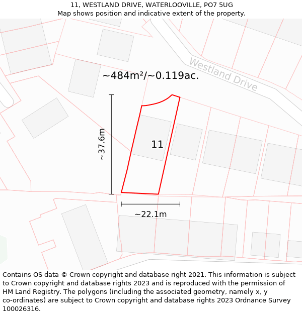 11, WESTLAND DRIVE, WATERLOOVILLE, PO7 5UG: Plot and title map
