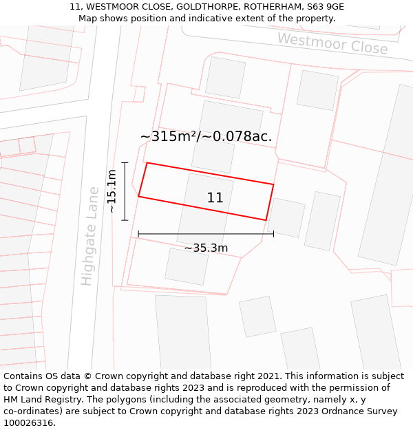 11, WESTMOOR CLOSE, GOLDTHORPE, ROTHERHAM, S63 9GE: Plot and title map