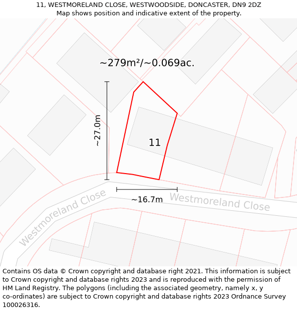 11, WESTMORELAND CLOSE, WESTWOODSIDE, DONCASTER, DN9 2DZ: Plot and title map