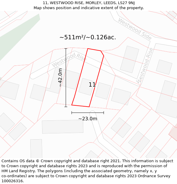 11, WESTWOOD RISE, MORLEY, LEEDS, LS27 9NJ: Plot and title map