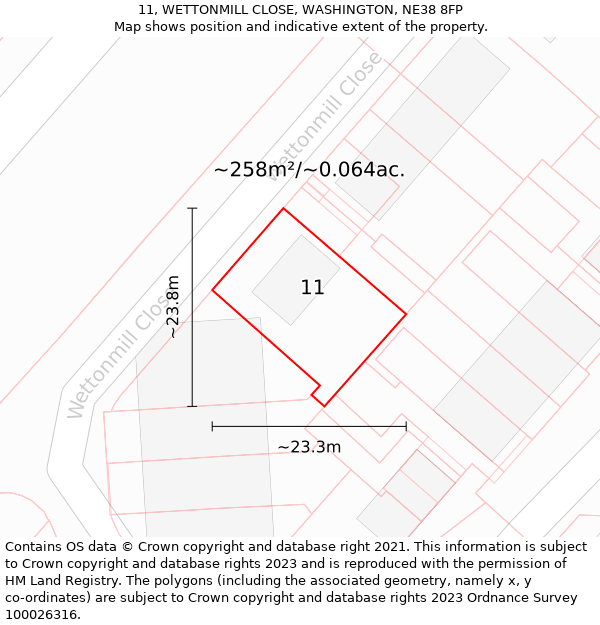 11, WETTONMILL CLOSE, WASHINGTON, NE38 8FP: Plot and title map