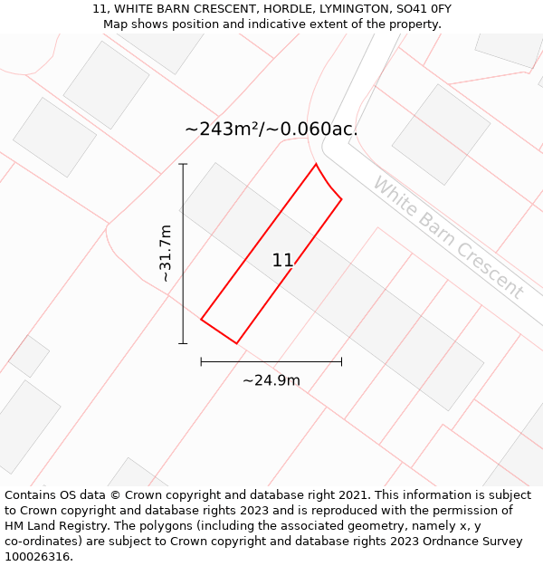 11, WHITE BARN CRESCENT, HORDLE, LYMINGTON, SO41 0FY: Plot and title map