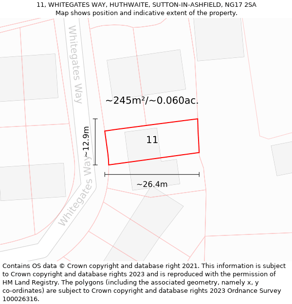 11, WHITEGATES WAY, HUTHWAITE, SUTTON-IN-ASHFIELD, NG17 2SA: Plot and title map