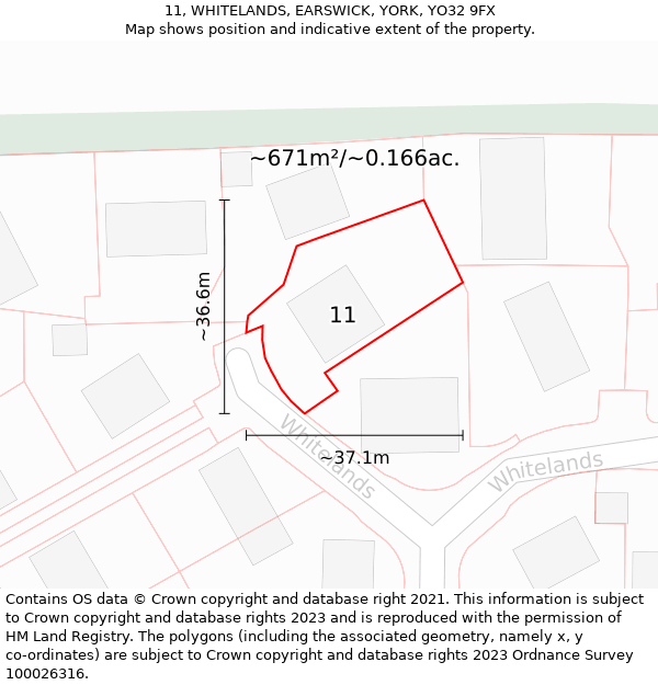 11, WHITELANDS, EARSWICK, YORK, YO32 9FX: Plot and title map