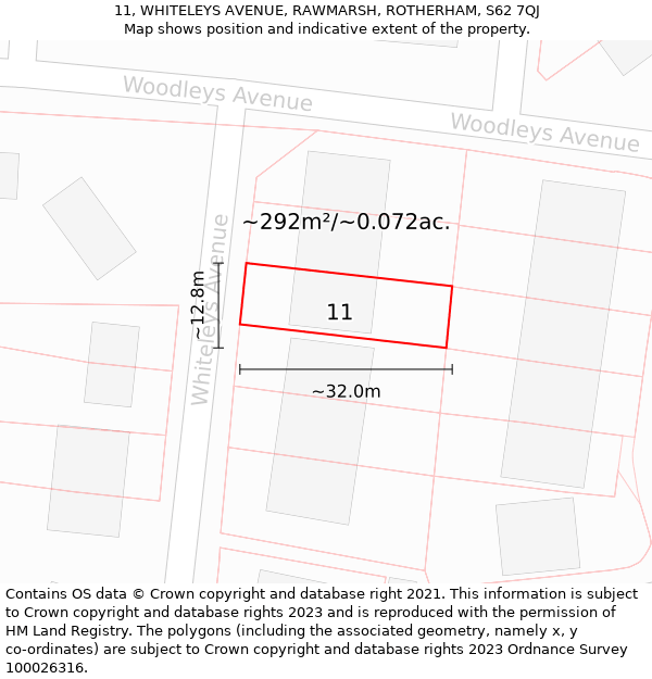 11, WHITELEYS AVENUE, RAWMARSH, ROTHERHAM, S62 7QJ: Plot and title map