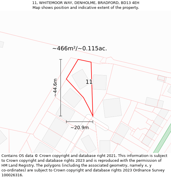 11, WHITEMOOR WAY, DENHOLME, BRADFORD, BD13 4EH: Plot and title map