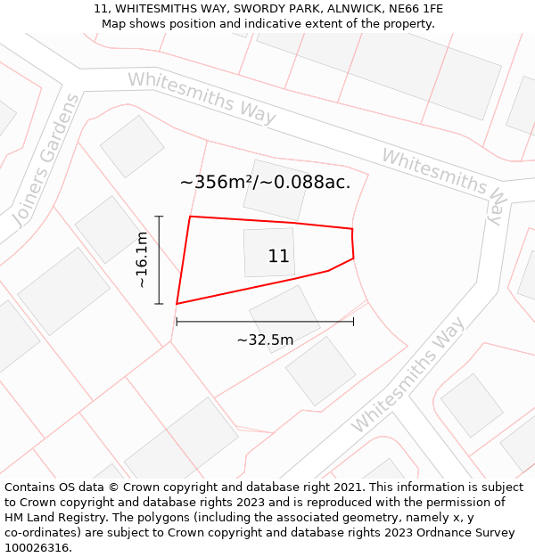 11, WHITESMITHS WAY, SWORDY PARK, ALNWICK, NE66 1FE: Plot and title map