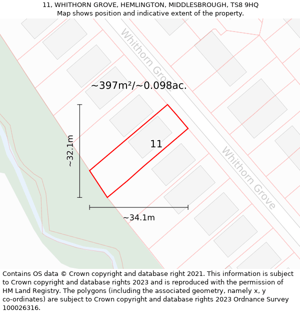 11, WHITHORN GROVE, HEMLINGTON, MIDDLESBROUGH, TS8 9HQ: Plot and title map