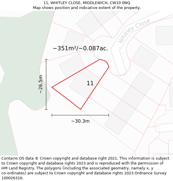 11, WHITLEY CLOSE, MIDDLEWICH, CW10 0NQ: Plot and title map