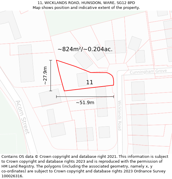 11, WICKLANDS ROAD, HUNSDON, WARE, SG12 8PD: Plot and title map