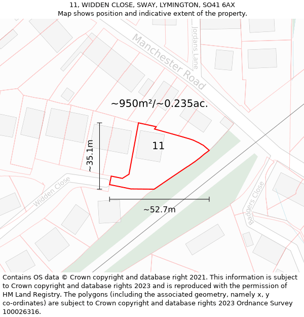 11, WIDDEN CLOSE, SWAY, LYMINGTON, SO41 6AX: Plot and title map