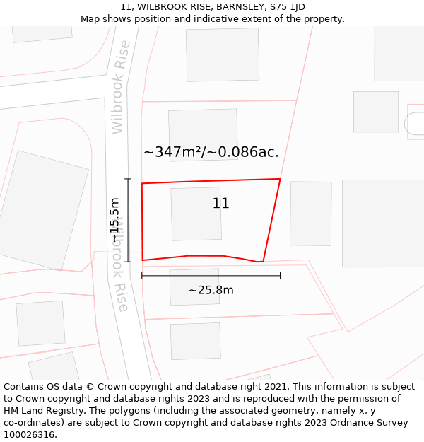 11, WILBROOK RISE, BARNSLEY, S75 1JD: Plot and title map