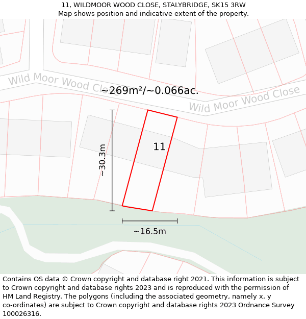 11, WILDMOOR WOOD CLOSE, STALYBRIDGE, SK15 3RW: Plot and title map