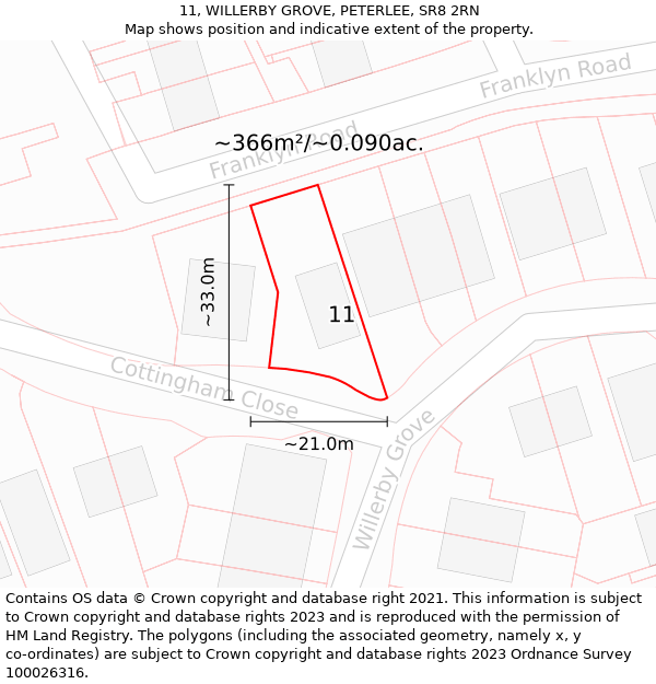 11, WILLERBY GROVE, PETERLEE, SR8 2RN: Plot and title map