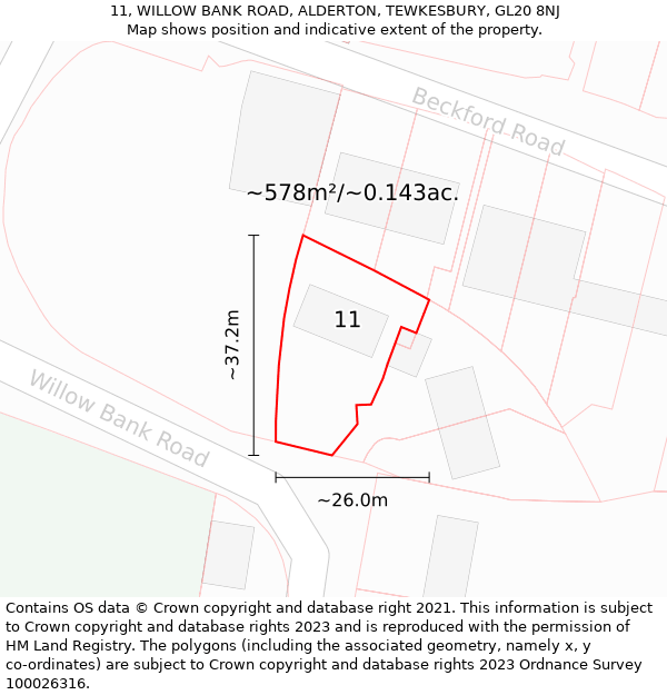 11, WILLOW BANK ROAD, ALDERTON, TEWKESBURY, GL20 8NJ: Plot and title map