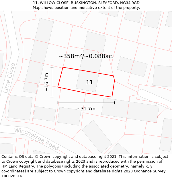 11, WILLOW CLOSE, RUSKINGTON, SLEAFORD, NG34 9GD: Plot and title map