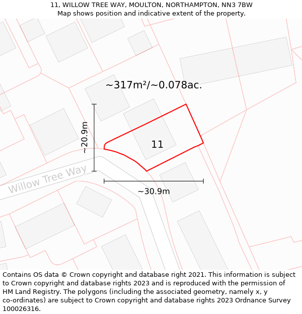 11, WILLOW TREE WAY, MOULTON, NORTHAMPTON, NN3 7BW: Plot and title map