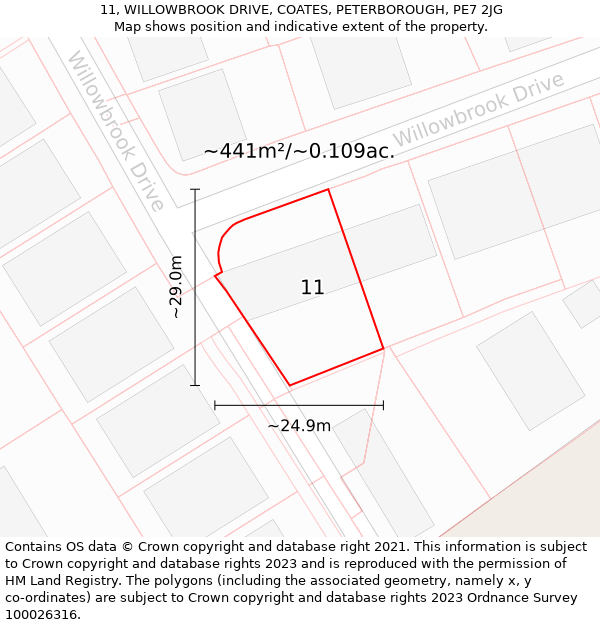 11, WILLOWBROOK DRIVE, COATES, PETERBOROUGH, PE7 2JG: Plot and title map