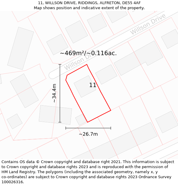 11, WILLSON DRIVE, RIDDINGS, ALFRETON, DE55 4AF: Plot and title map